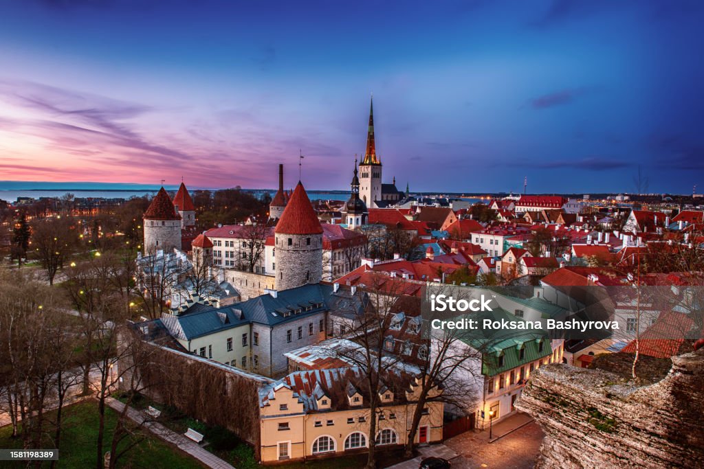 Tallinn view at sunset View to the european city Tallinn after sunset, travel outdoor background Night Stock Photo