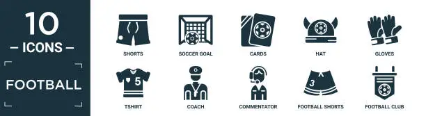 Vector illustration of filled football icon set. contain flat shorts, soccer goal, cards, hat, gloves, tshirt, coach, commentator, football shorts, football club icons in editable format..