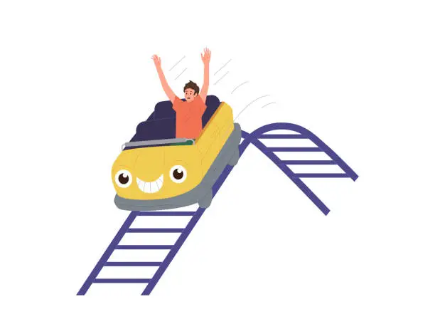 Vector illustration of Happy excited teenager boy riding rollercoaster racing along rails having fun in amusement park