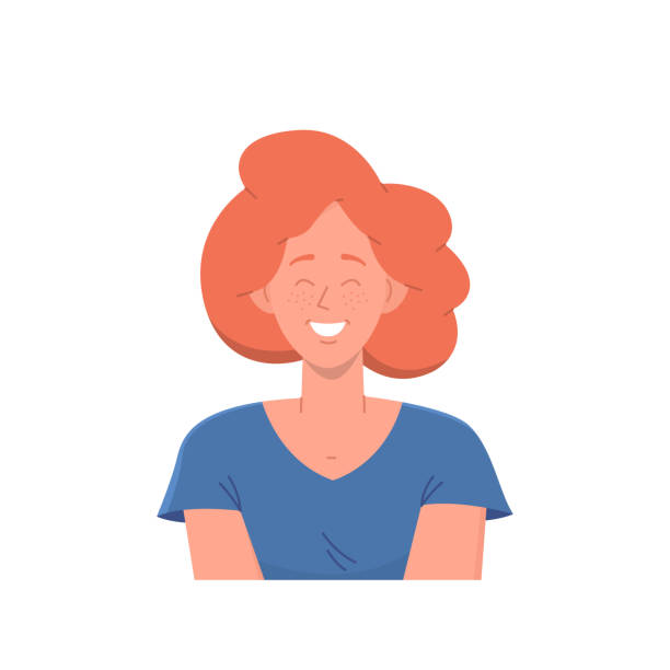 Portrait of happy young ginger woman with friendly smiling freckled face and closed eyes in pleasure Portrait of happy casual young teenager ginger woman student, freelancer cartoon character with friendly smiling freckled face and closed eyes in pleasure. People positive emotion vector illustration freckle stock illustrations