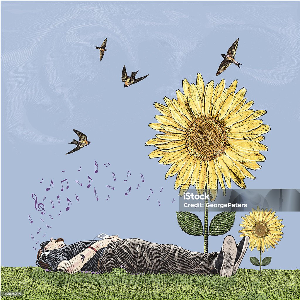 Молодой человек, лежа на траве, послушать музыку, рядом с «Подсолнухи» - Векторная графика Спать роялти-фри