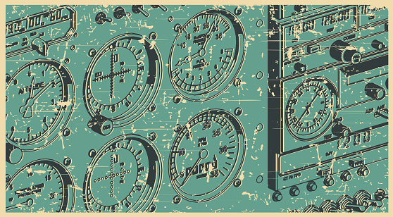 Stylized vector illustrations of airplane control panel close up in retro poster style