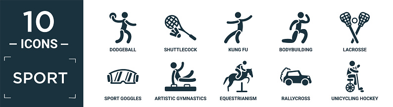 filled sport icon set. contain flat dodgeball, shuttlecock, kung fu, bodybuilding, lacrosse, sport goggles, artistic gymnastics, equestrianism, rallycross, unicycling hockey icons in editable