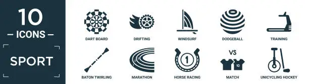 Vector illustration of filled sport icon set. contain flat dart board, drifting, windsurf, dodgeball, training, baton twirling, marathon, horse racing, match, unicycling hockey icons in editable format..