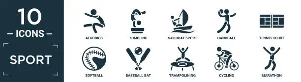 Vector illustration of filled sport icon set. contain flat aerobics, tumbling, sailboat sport, handball, tennis court, softball, baseball bat, trampolining, cycling, marathon icons in editable format..