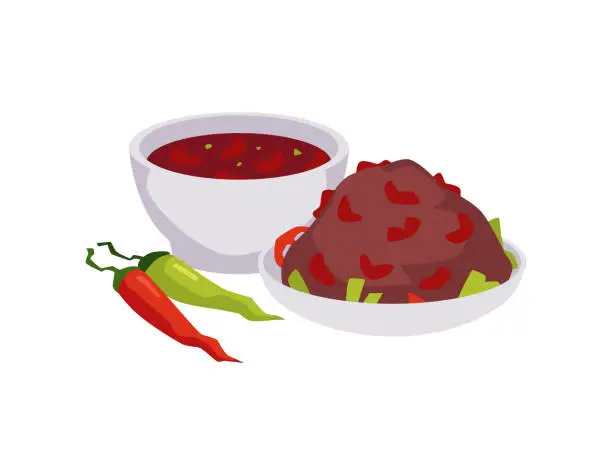 Vector illustration of Chili con carne, beans and hot peppers flat style, vector illustration