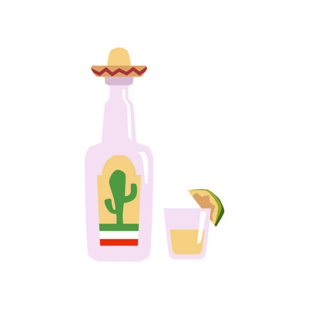 サボテンと帽子で飾られたメキシコの飲み物ボトル、ライムスライスベクターフラットイラストで撮影された漫画のテキーラガラス - shot glass mexican culture lime alcohol点のイラスト素材／クリップアート素材／マンガ素材／アイコン素材