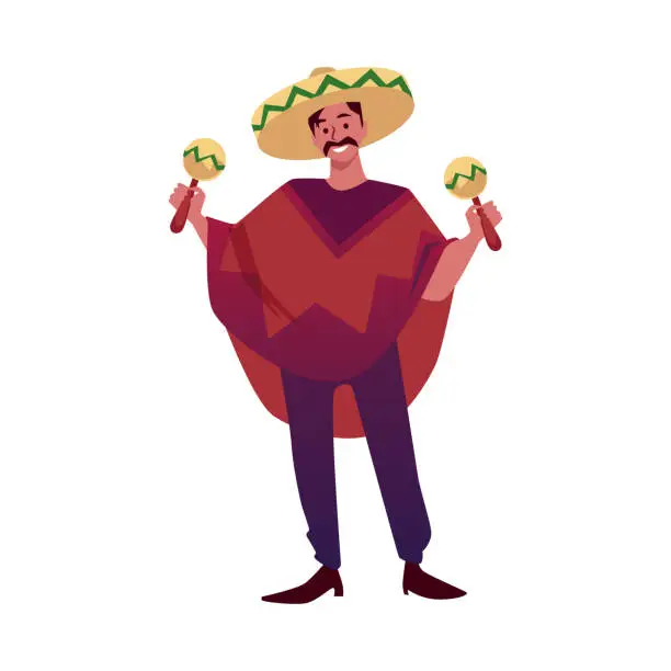 Vector illustration of Mexican musician playing maracas, cartoon vector Mexican man in sombrero hat and poncho isolated on white background