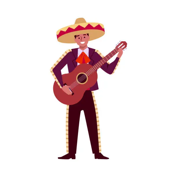 Vector illustration of Smiling young Mexican man in sombrero playing guitar flat style