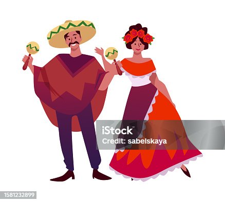 istock Mexican musician in sombrero hat and poncho playing maracas, woman in traditional dress with roses, vector latino people 1581232899