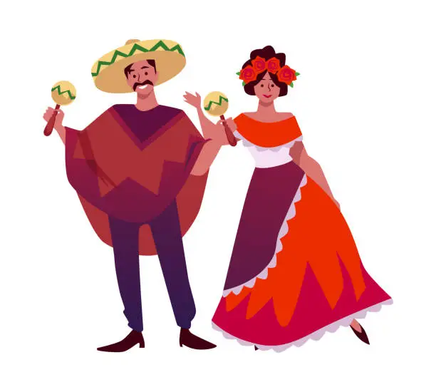 Vector illustration of Mexican musician in sombrero hat and poncho playing maracas, woman in traditional dress with roses, vector latino people
