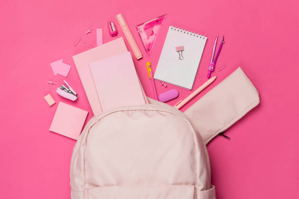 istock Pink school backpack with stationery on color background, top view 1581239658