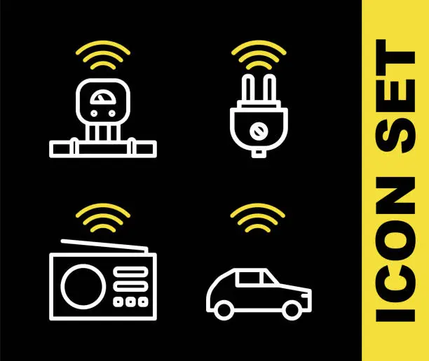 Vector illustration of Set line Smart electric plug, car system with wireless, radio and sensor icon. Vector