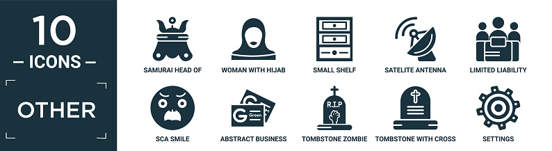 filled other icon set. contain flat samurai head of japan, woman with hijab, small shelf, satelite antenna, limited liability, sca smile, abstract business card, tombstone zombie hand, tombstone
