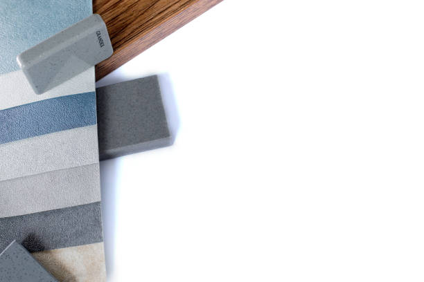 istock Moodboards showing samples of materials for stylization and choice of architects, including fabric wallpaper, quartz stone, chipboard panel 1581270217
