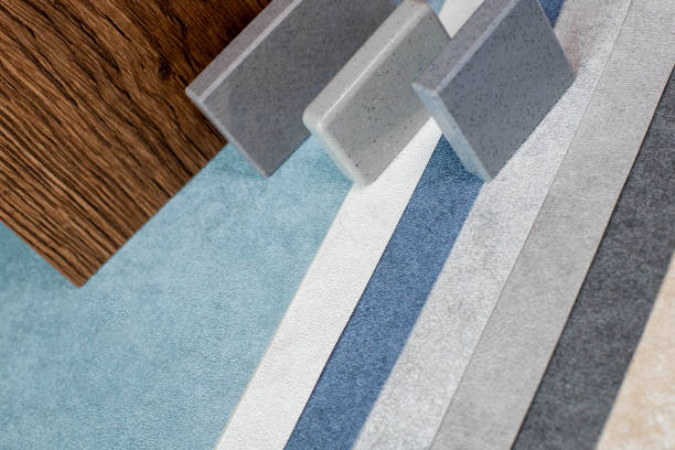 istock Moodboards showing samples of materials for stylization and choice of architects, including fabric wallpaper, quartz stone, chipboard panel 1581270744