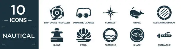 Vector illustration of filled nautical icon set. contain flat ship engine propeller, swimming glasses, compass, whale, submarine window, buoys, pearl, porthole, shark, submarine icons in editable format..