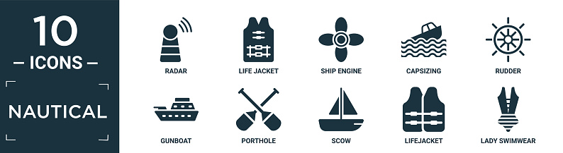 filled nautical icon set. contain flat radar, life jacket, ship engine, capsizing, rudder, gunboat, porthole, scow, lifejacket, lady swimwear icons in editable format.