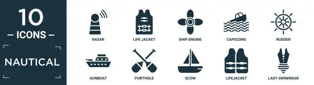 Vector illustration of filled nautical icon set. contain flat radar, life jacket, ship engine, capsizing, rudder, gunboat, porthole, scow, lifejacket, lady swimwear icons in editable format..