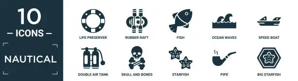 Vector illustration of filled nautical icon set. contain flat life preserver, rubber raft, fish, ocean waves, speed boat, double air tank, skull and bones, starfish, pipe, big starfish icons in editable format..