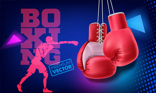 Hanging red boxing gloves. Realistic red double fist vector boxer for punch training 3d vector.