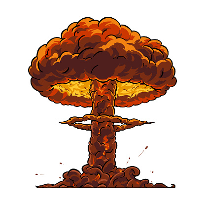 Mushroom cloud of nuclear explosion in pop art style. Vector clipart