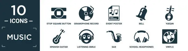Vector illustration of filled music icon set. contain flat stop square button, gramophone record, event poster, bell, yueqin, spanish guitar, listening smile, sax, school headphones, vinyls icons in editable format..