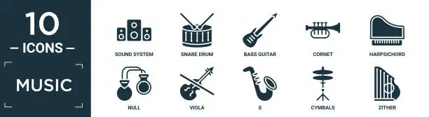 Vector illustration of filled music icon set. contain flat sound system, snare drum, bass guitar, cornet, harpsichord, null, viola, s, cymbals, zither icons in editable format..