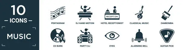 Vector illustration of filled music icon set. contain flat pentagram, dj hand motion, hotel receptionist, classical music, zambomba, cd burn, party dj, eyes, alarming bell, guitar pick icons in editable format..