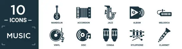 Vector illustration of filled music icon set. contain flat mandolin, accordion, jazz, album, melodica, vinyl, disc, conga, xylophone, clarinet icons in editable format..