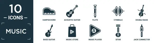 Vector illustration of filled music icon set. contain flat harpsichord, acoustic guitar, flute, cymbals, double bass, bass guitar, music store, music player, sitar, jack connector icons in editable format..