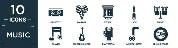 Vector illustration of filled music icon set. contain flat cassette, maraca, zither, jack, bongo, quaver, electric guitar, heavy metal, musical note, music record icons in editable format..