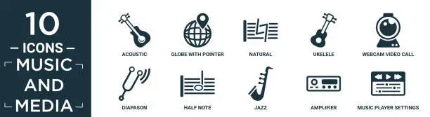 Vector illustration of filled music and media icon set. contain flat acoustic, globe with pointer, natural, ukelele, webcam video call, diapason, half note, jazz, amplifier, music player settings icons in editable format..