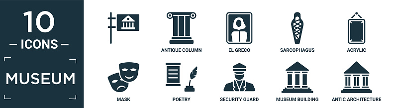 filled museum icon set. contain flat , antique column, el greco, sarcophagus, acrylic, mask, poetry, security guard, museum building, antic architecture icons in editable format.