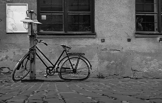 Old retro Bicycle a Monochrome Journey Through an Urban Landscape street photography.