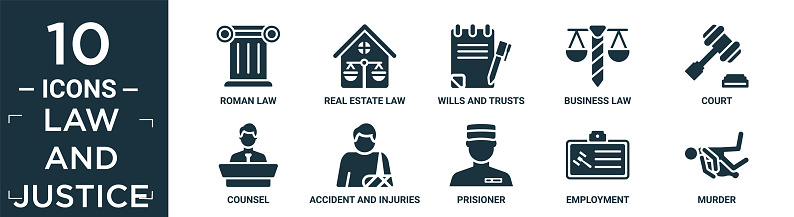 filled law and justice icon set. contain flat roman law, real estate law, wills and trusts, business law, court, counsel, accident and injuries, prisioner, employment, murder icons in editable