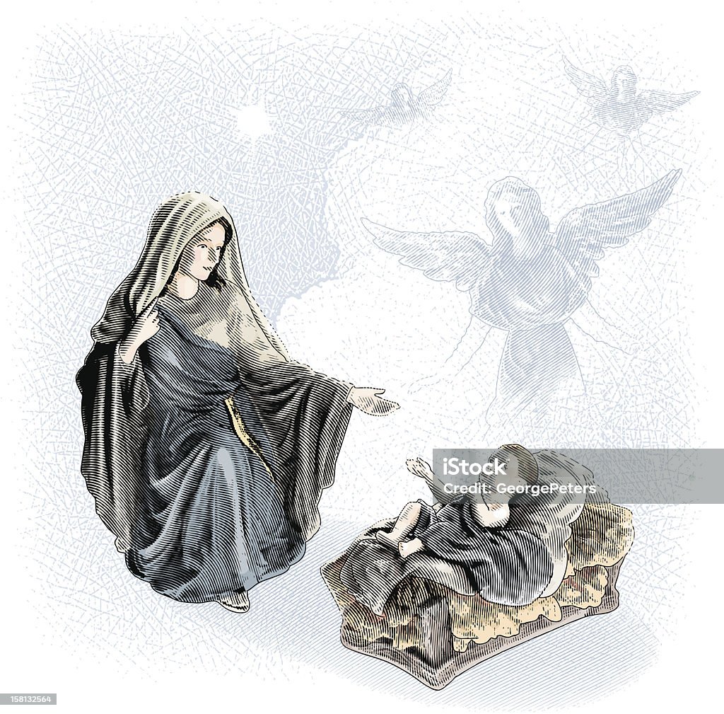 Nativity Scene With Angels Engraving style illustration of The Virgin Mary and Baby Jesus with angels hovering in the background. Nativity Scene stock vector