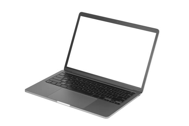 흰색 배경에 분리된 빈 화면이 있는 회색 금속 노트북 노트북 스톡 사진