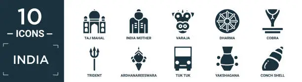 Vector illustration of filled india icon set. contain flat taj mahal, india mother, varaja, dharma, cobra, trident, ardhanareeswara, tuk tuk, yakshagana, conch shell icons in editable format..