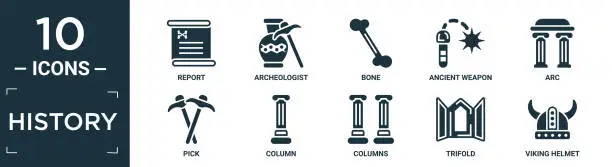 Vector illustration of filled history icon set. contain flat report, archeologist, bone, ancient weapon, arc, pick, column, columns, trifold, viking helmet icons in editable format..