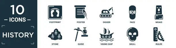 Vector illustration of filled history icon set. contain flat footprint, poster, digger, face, moais, stone, guide, viking ship, skull, ruler icons in editable format..