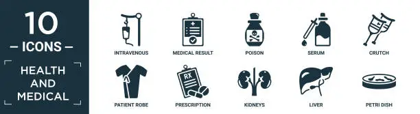 Vector illustration of filled health and medical icon set. contain flat intravenous, medical result, poison, serum, crutch, patient robe, prescription, kidneys, liver, petri dish icons in editable format..