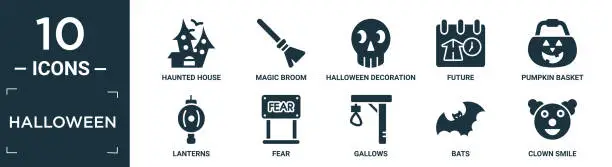 Vector illustration of filled halloween icon set. contain flat haunted house, magic broom, halloween decoration, future, pumpkin basket, lanterns, fear, gallows, bats, clown smile icons in editable format..