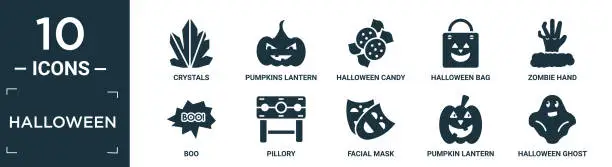 Vector illustration of filled halloween icon set. contain flat crystals, pumpkins lantern, halloween candy, halloween bag, zombie hand, boo, pillory, facial mask, pumpkin lantern, ghost icons in editable format..