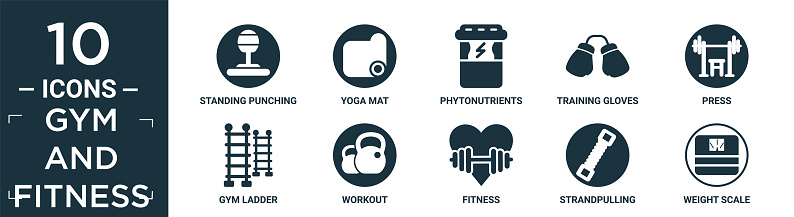 filled gym and fitness icon set. contain flat standing punching ball, yoga mat, phytonutrients, training gloves, press, gym ladder, workout, fitness, strandpulling, weight scale icons in editable