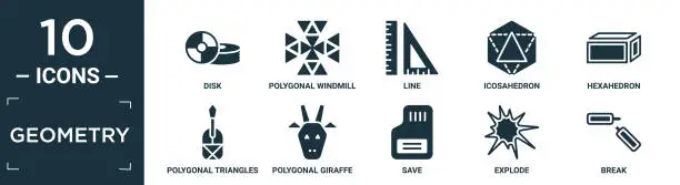 Vector illustration of filled geometry icon set. contain flat disk, polygonal windmill, line, icosahedron, hexahedron, polygonal triangles guitar, polygonal giraffe, save, explode, break icons in editable format..