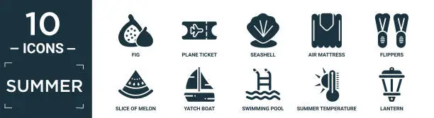 Vector illustration of filled summer icon set. contain flat fig, plane ticket, seashell, air mattress, flippers, slice of melon, yatch boat, swimming pool, summer temperature, lantern icons in editable format..