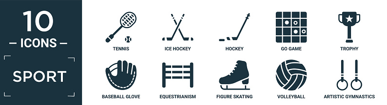filled sport icon set. contain flat tennis, ice hockey, hockey, go game, trophy, baseball glove, equestrianism, figure skating, volleyball, artistic gymnastics icons in editable format.
