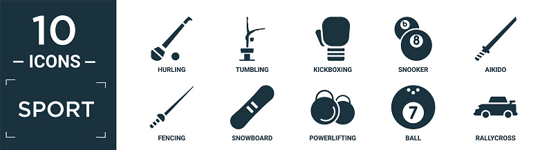filled sport icon set. contain flat hurling, tumbling, kickboxing, snooker, aikido, fencing, snowboard, powerlifting, ball, rallycross icons in editable format.