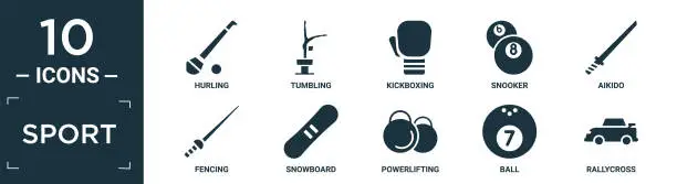 Vector illustration of filled sport icon set. contain flat hurling, tumbling, kickboxing, snooker, aikido, fencing, snowboard, powerlifting, ball, rallycross icons in editable format..